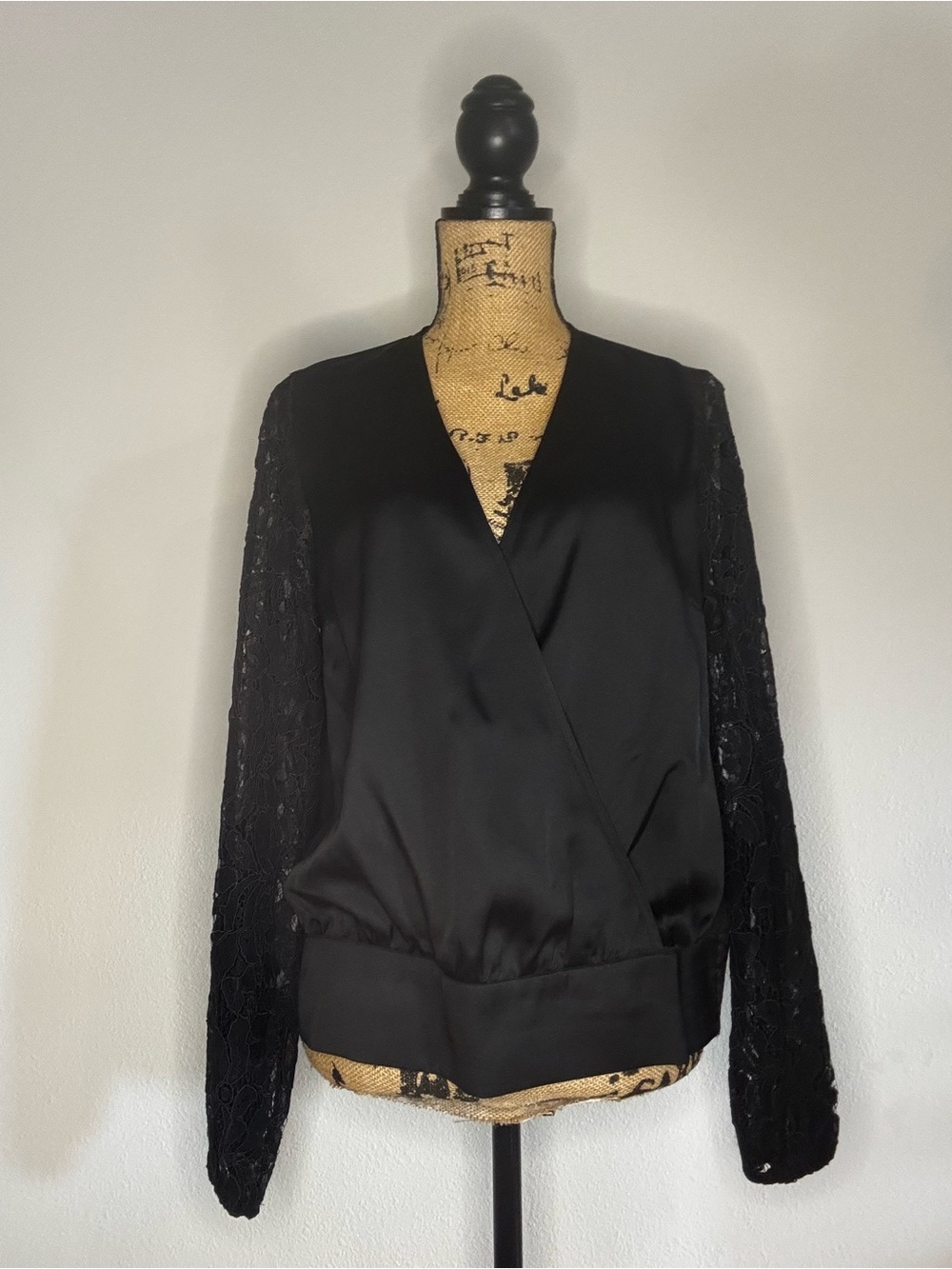 INC International Concepts Black Satin Front Lace-Sleeve Wrap Blouse